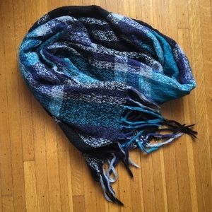 Plaid Winter Scarf in Teal, Navy, Black, & Silver